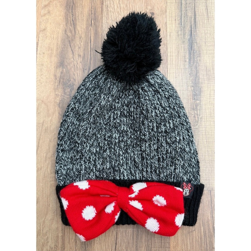 Disney Minnie Mouse Gray Knit Pom Beanie Red Polka Dot Bow OSFM